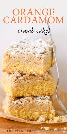 orange cardamom crumb cake is stacked on top of each other