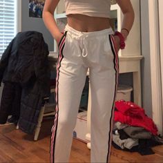 Never Worn Casual Sweatpants With Side Stripes For Spring, Casual Spring Sweatpants With Side Stripes, Trendy Sweatpants With Side Stripes For Spring, Spring Cotton Sweatpants With Side Stripes, Stretch Casual Pants With Side Stripes, Spring Stretch Bottoms With Side Stripes, Spring Stretch Pants With Side Stripes, Cotton Bottoms With Side Stripes For Spring, Casual Fitted Bottoms With Side Stripes