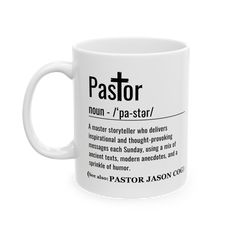 a white coffee mug with the words pastor on it