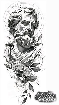 a black and white drawing of a man's face with roses around his neck