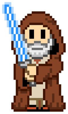 a pixel art character holding a blue object in his right hand and looking at the camera