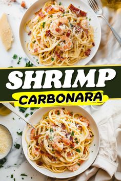 shrimp carbonara with parmesan cheese and sauce in two bowls on a white table