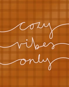 the words cozy vibes only are written in white ink on an orange plaid background