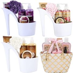 (Set of 4) Draizee Heel Shoe Spa Gift Set Rose Lavender Coconut Scented Bath Essentials and Refreshing Lovely British LOADED WITH 6 LUXURY SPA ESSENTIALS: Indulge your wife or girlfriend with a gift bag overflowing with fine bath and body products. Included items are: Shower Gel Bubble Bath Body Butter Bath Salt Bath Oil Soap HAVE YOU EVER SEEN SUCH A UNIQUE SPA BATH SET? Our premium rose scent spa relaxation basket has the shape of a high heel shoe which you can use as storage or decoration or Bath Gift Basket, Spa Gift Set, Rose Lavender, Spa Gift Basket, Bath Gift Set, Lavender Fragrance, Bath Gift, Bath Essentials, Rose Fragrance