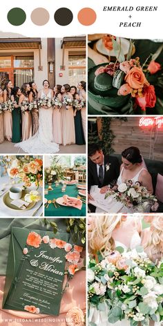 a collage of different pictures with flowers and greenery on them, including the bride's bouquets