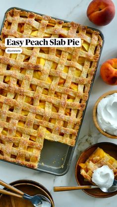 an easy peach slab pie with whipped cream in the middle and fresh peaches on the side