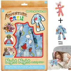 the children's night suit is in its package and next to it are stuffed animals