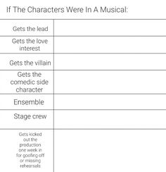 the characters were in a musical and get the love interest gets the villain gets the side character ensemble