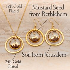 DESIGNED ESPECIALLY FOR WOMEN OF FAITH The gorgeous "Faith Like A Mustard Seed" Gold Necklace and Earrings Set will give you a stylish and elegant way to wear a piece of the Land of Israel wherever you go. Skillfully handcrafted, this one-of-a-kind necklace and earrings set contains soil from the Mountains of Jerusalem and a mustard seed sourced from Bethlehem. Wear them around your family and friends and tell them all about it. They'll love it! Inspired by the words of Yeshua (Jesus): “If you h Muster Seed Faith, Liahona Necklace, Mustard Seed Faith Craft, Faith Like A Mustard Seed, Gold Necklace And Earrings Set, Faith Based Jewelry, Mustard Seed Jewelry, Mustard Seed Faith, Faith Crafts