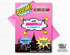 a pink birthday card with the words super annabelle is thinking it's time to boom