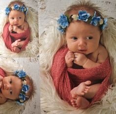 a collage of three photos of a baby wearing a red sweater and blue flowers in her hair