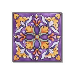 a purple and yellow tile with an ornate design