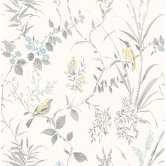 a blue and white wallpaper with birds on it