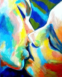 a painting of two people kissing each other