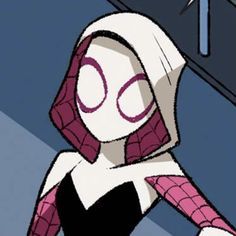 a spider - girl with pink hair and glasses is standing in front of a clock