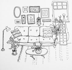 a black and white drawing of a living room