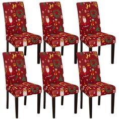 six christmas themed chairs with santa and reindeer designs on red velvet upholstered seats