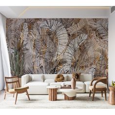 a living room filled with furniture next to a wall covered in plants and foliages