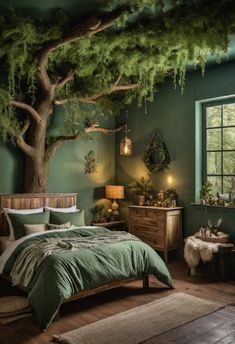 a bedroom with green walls and wooden floors, an oak tree hanging over the bed