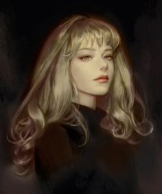 a digital painting of a woman with long blonde hair and bangs, wearing a black top