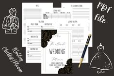 wedding stationery with black and white graphics, including the bride's dress on it