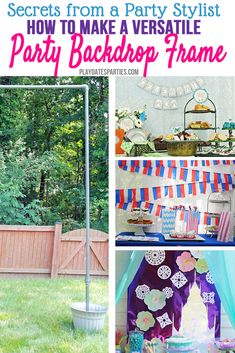 an outdoor party with colorful decorations and desserts on the table, in front of a fence