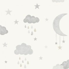 a white wall with stars, clouds and a crescent hanging from it's side