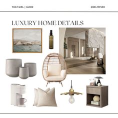 the luxury home details page is shown with furniture and decor items in white, beige, and