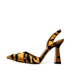 Add some glam to your wardrobe with our FARAH sling backs. Featuring a 4" sculptured heel and an abstract tiger satin tiger print fabric. Size and Fit Information: U.S. Sizing Available in whole and half sizes Runs true to size, but some people have gone a half size down for a more secure fit (Note: Not using leather a Music Date, Special Event Outfit, Environmental Concerns, Boot Print, Classic Pumps, Heels & Wedges, Vegan Shoes, Tiger Print, Environmental Impact