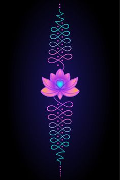 a purple flower on a black background with swirls and hearts in the center, as well as a blue heart