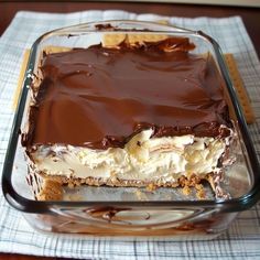 a chocolate dessert in a glass dish on a table