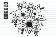 a bouquet of flowers on lined paper with the words svg dxf files