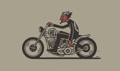 a man riding on the back of a motorcycle with an evil look to it's face