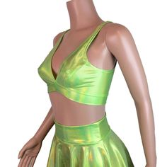 Holographic lime green spandex bralette with plenty of stretch and a ton of shimmer! Wear this bralette to a rave, music festival, running event, crossfit, roller derby, or club. Can be used as a bikini top too. Fitted Triangle Crop Top For Workout, Green Triangle Top Bra For Summer, Summer Green Stretch Sports Bra, Green Stretch Bra For Summer, Summer Stretch Green Bra, Green Stretch Cropped Sports Bra, Green Cropped Stretch Sports Bra, Fitted Green Bra For Summer, Green Stretch Crop Top, Bra Friendly