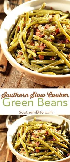 southern slow cooker green beans with bacon in a white casserole dish on a wooden table