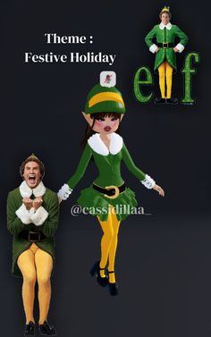 a woman in green and yellow is standing next to a man wearing an elf costume