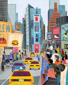 an illustration of people crossing the street in new york city, with cars and billboards