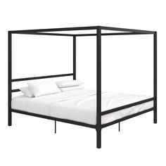 a black metal bed frame with white sheets and pillows on the bottom, against a white background