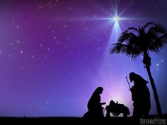 the nativity scene is shown with two people and a baby jesus under a star filled sky