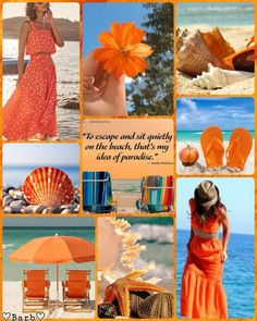 an orange and white collage with pictures of beach accessories, umbrellas, shells, and flowers