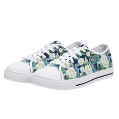 CHRISTMAS ORDERS: Please note orders placed today will not arrive before Christmas. A unique and original pair of high quality, floral sneakers with watercolor flowers printed on navy background. These custom sneakers are printed canvas with rounded toe and lace-up closure for a snug, comfortable fit. Eyelets are metal for that classic look. The sneakers feature a soft textile lining with lightweight construction for maximum comfort and high-quality outsole for traction and exceptional durabilit Casual Low-top Floral Print Sneakers, Casual Lace-up Sneakers With Floral Print, Casual Floral Print Lace-up Sneakers, Casual Low-top Sneakers With Floral Print, Casual Floral Print Low-top Sneakers, Casual Floral Print Lace-up Canvas Shoes, Flowers Shoes, Watercolor Flower Prints, Tie Sneakers