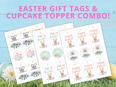 easter gift tags and cupcake topper combos on grass next to an egg