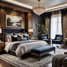 a large bed sitting in a bedroom next to two chairs and a chandelier