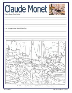 a coloring page with boats in the water and text that reads, claudia monet