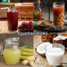 egyptian drinks and other foods are shown in this collage with the caption egyptian drinks