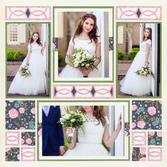 a collage of photos showing the bride and groom in their wedding gowns, holding flowers