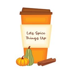 a cup of coffee with cinnamons and an orange pumpkin next to it on a white background