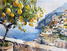 watercolor painting of an orange tree in front of the amalfa village on the amalfa coast