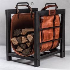 a leather bag with logs in it