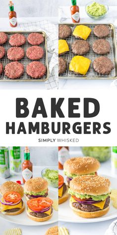 hamburgers and burger patties on trays with the words, baked hamburgers simply whisked